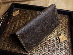 Handmade Leather Floral Mens Cool Travel Long Wallet Card Holder Card Slim Clutch Wallets for Men - imessengerbags