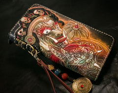 Handmade Leather Tooled Mahākāla Mens Chain Biker Wallet Cool Leather Wallet Long Clutch Wallets for Men - imessengerbags