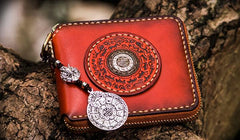Handmade Leather Small Tibetan Tooled Mens billfold Wallet Cool Chain Wallet Biker Wallet for Men