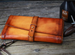 Handmade Leather Mens Brown Bifold Long Wallet Vintage Cool Clutch Wallet for Men