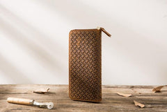 Cool Leather Mens Braided Long Zipper Clutch Wallet Long Wallet for Men - imessengerbags