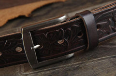 Genuine Leather Punk Rock Biker Trucker Tooled Floral Mens Belt Men Black Coffee Belt for Men