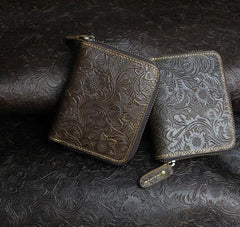 Handmade Leather Floral Mens Zipper Cool billfold Wallet Card Holder Small Card Slim Wallets for Men - imessengerbags