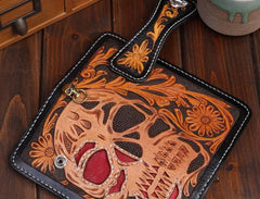 Handmade Leather Skull Mens Chain Biker Wallet Cool Leather Wallet Long Tooled Wallets for Men