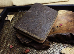 Handmade Leather Floral Mens Cool Slim Leather Wallet Men billfold Wallets Bifold for Men - imessengerbags