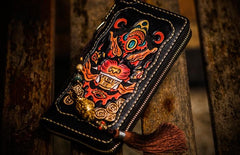 Handmade Leather Mens Tooled Monster Chain Biker Wallet Cool Leather Wallet Long Clutch Wallets for Men - imessengerbags