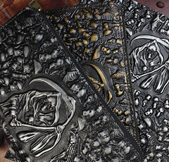 Handmade Leather Mens Tooled Skull Death Cool Zipper Phone Travel Long Wallet Card Holder Card Slim Clutch Wallets for Men - imessengerbags