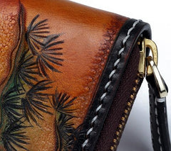 Handmade Leather Mens Clutch Wallet Cool Red-Crowned Crane Tooled Wallet Long Zipper Wallets for Men - imessengerbags