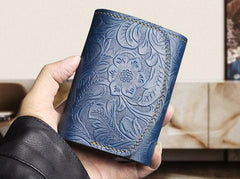 Handmade Leather Floral Mens Trifold Cool billfold Wallet Card Holder Small Card Slim Wallets for Men - imessengerbags
