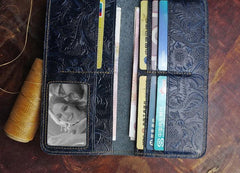 Handmade Leather Floral Mens Cool Travel Long Wallet Card Holder Card Slim Clutch Wallets for Men - imessengerbags