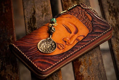 Handmade Leather Mens Tooled Buddha&Demon Chain Biker Wallet Cool Leather Wallet Long Clutch Wallets for Men