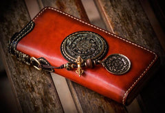 Handmade Leather Tibetan Mens Chain Biker Wallet Cool Leather Wallet Long Clutch Wallets for Men