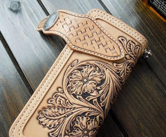 Handmade Leather Biker Wallet Tooled Floral Mens Cool Chain Wallet Trucker Wallet with Chain