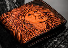 Handmade Leather Indian Chief Tooled Mens billfold Wallet Cool Leather Wallet Slim Wallet for Men - imessengerbags