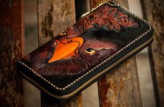 Handmade Leather Mens Tooled Eagle Chain Biker Wallet Cool Leather Wallet Long Clutch Wallets for Men - imessengerbags