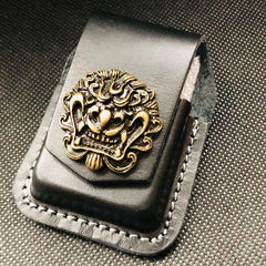 Brown Handmade Leather Mens Chinese Lion Zippo Lighter Holders Lighter Case For Men