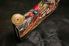 Handmade Leather Tooled Mahākāla Mens Chain Biker Wallet Cool Leather Wallet Long Clutch Wallets for Men - imessengerbags