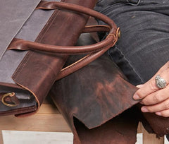 Mens Gray Canvas Leather Briefcase Handbag Work Bag Business Bag for Men