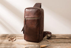 Coffee Leather Mens Sling Bag Sling Shoulder Bag Sling Backpacks for men