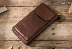 Cool Leather Mens Coffee Long Zipper Clutch Wallet Long Wallet for Men - imessengerbags