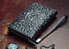 Handmade Leather Mens Tooled Skull Death Cool Zipper Phone Travel Long Wallet Card Holder Card Slim Clutch Wallets for Men - imessengerbags