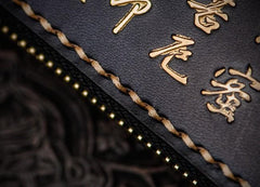 Handmade Leather Mens Chain Chinese Handwriting Biker Wallet Cool Leather Wallet Long Phone Wallets for Men