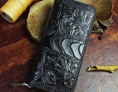 Handmade Leather Floral Mens Cool Zipper Phone Travel Long Wallet Card Holder Card Slim Clutch Wallets for Men - imessengerbags