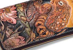 Handmade Leather Mens Clutch Wallet Cool Gold Toad Triped Crow Tooled Wallet Long Zipper Wallets for Men - imessengerbags