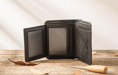 Black Cool Leather Mens Small Wallet Trifold Vintage billfold Wallet for Men - imessengerbags