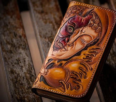 Handmade Leather Mens Clutch Wallet Cool Buddha&Demon Tooled Wallet Long Zipper Wallets for Men - imessengerbags