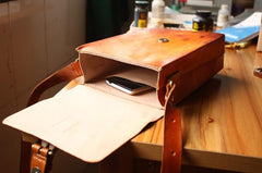 Handmade Vintage Leather Mens Messenger Bag Box Bag Brown Shoulder Bag for Men - imessengerbags