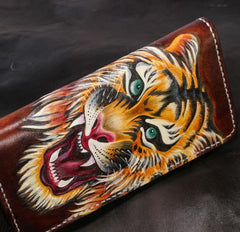 Handmade Leather Tiger Tooled Mens Chain Biker Wallet Cool Leather Wallet Long Phone Wallets for Men