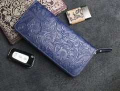Handmade Leather Floral Mens Cool Travel Long Wallet Card Holder Card Slim Clutch Wallets for Men - imessengerbags