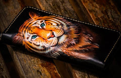 Handmade Leather Men Tooled Tiger Cool Leather Wallet Long Phone Clutch Wallets for Men - imessengerbags