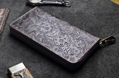 Handmade Leather Floral Mens Cool Travel Long Wallet Card Holder Card Slim Clutch Wallets for Men - imessengerbags