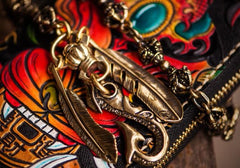 Handmade Leather Tooled Chinese Monster Mens Chain Biker Wallet Cool Leather Wallet Zipper Long Phone Wallets for Men
