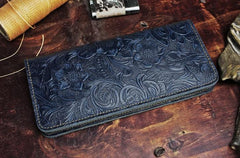 Handmade Leather Floral Mens Cool Travel Long Wallet Card Holder Card Slim Clutch Wallets for Men - imessengerbags