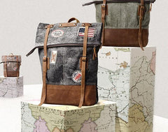 Cool Canvas Leather Gray Travel Bag Mens Backpack Canvas Canvas School Bag for Men - imessengerbags