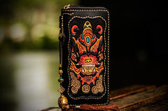 Handmade Leather Mens Tooled Monster Chain Biker Wallet Cool Leather Wallet Long Clutch Wallets for Men - imessengerbags