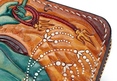 Handmade Leather Tooled Ucchusma Mens Chain Biker Wallet Cool Leather Wallet Zipper Long Phone Wallets for Men