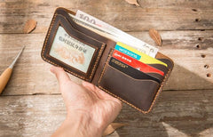Cool Leather Mens Coffee Slim Small Wallet Bifold Vintage billfold Wallet for Men - imessengerbags