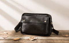 Cool Leather Black Mens Messenger Bag Vintage Shoulder Bag  for Men
