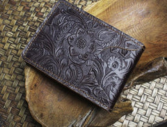 Handmade Leather Floral Mens License Wallets Cool Short Wallet Card Holder Small Card Slim Wallets for Men