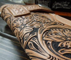 Handmade Leather Biker Wallet Tooled Floral Mens Cool Chain Wallet Trucker Wallet with Chain