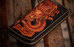 Handmade Leather Tooled Chinese Dragon Mens Chain Biker Wallet Cool Leather Wallet Zipper Long Phone Wallets for Men - imessengerbags