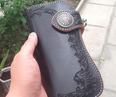 Handmade Leather Biker Wallet Tooled Floral Mens Cool Chain Wallet Trucker Wallet with Chain