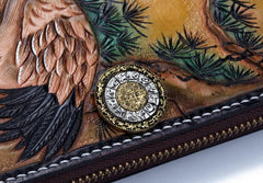 Handmade Leather Mens Clutch Wallet Cool Red-Crowned Crane Tooled Wallet Long Zipper Wallets for Men - imessengerbags