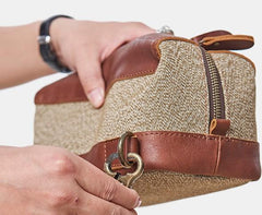 Large Canvas Leather Mens Clutch Bag Zipper Wristlet Bag Purse for Men