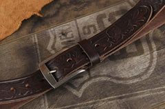 Genuine Leather Punk Rock Biker Trucker Tooled Floral Mens Belt Men Black Coffee Belt for Men