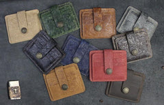 Handmade Leather Floral Mens Cool Front Pocket Wallet Short Wallet Card Holder Small Card Slim Wallets for Men